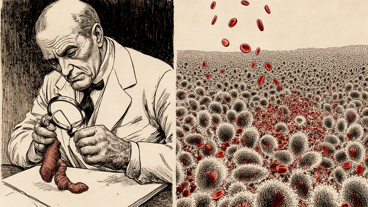 A doctor examining stool under a magnifying glass, with contrasting images of healthy and damaged gut bacteria.