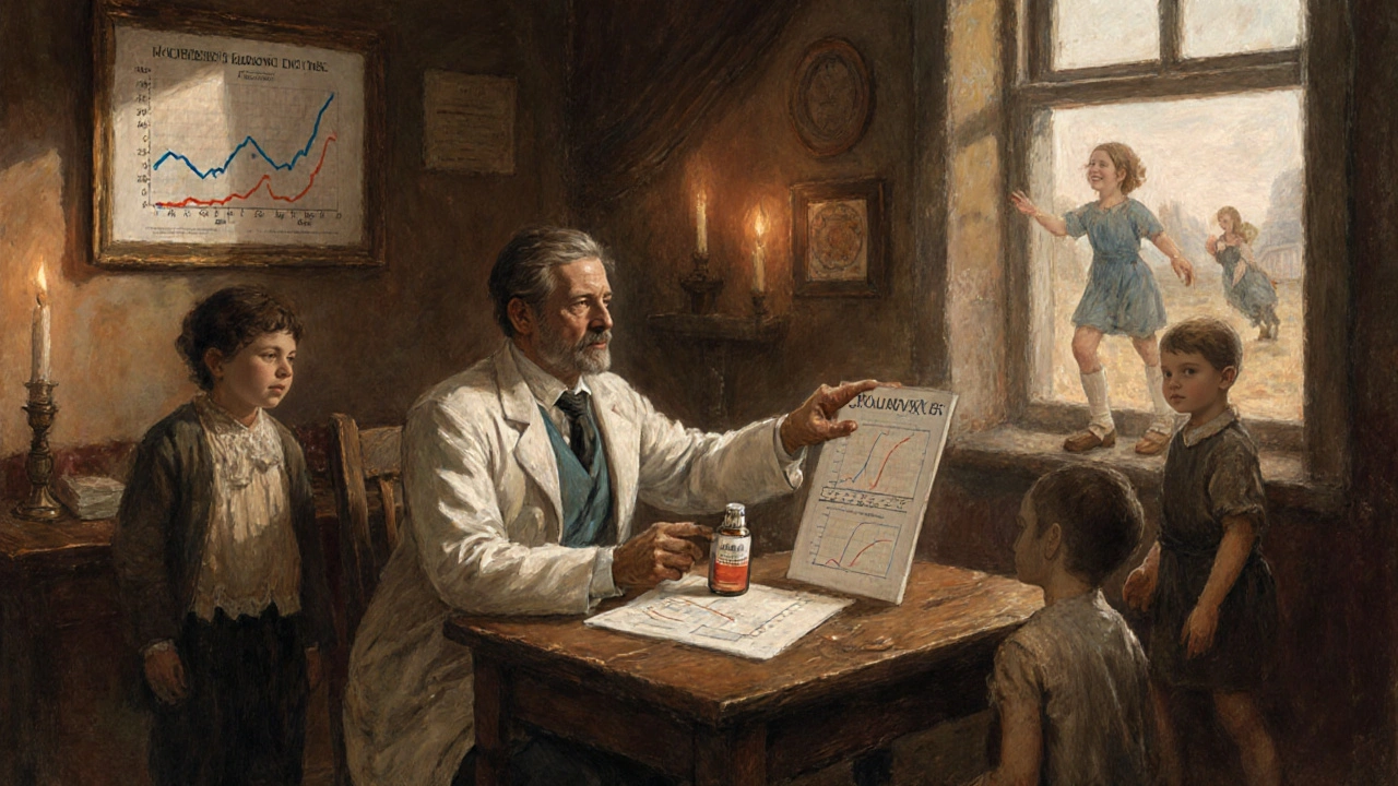 A doctor hands a new non-opioid pain medication to a patient in a historic clinic setting, with evidence and healing activities visible in the background.
