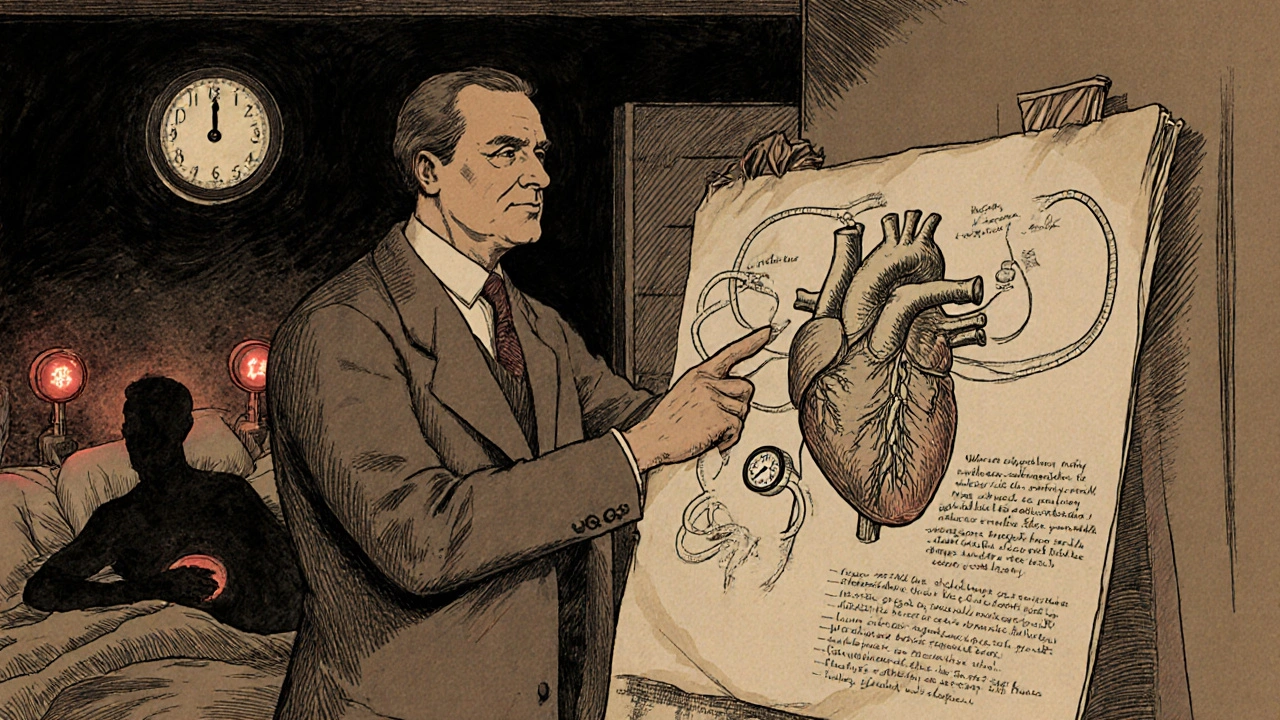A doctor points to a hand-drawn heart diagram tangled with airway obstructions, patients in bed with glowing blood pressure gauges behind.