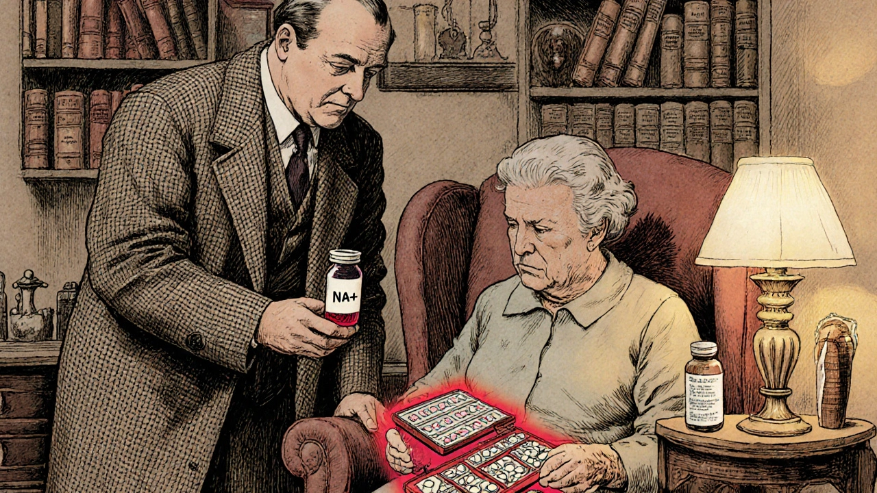 A doctor shows a blood test to an elderly woman, with antidepressant and diuretic pills on the table.