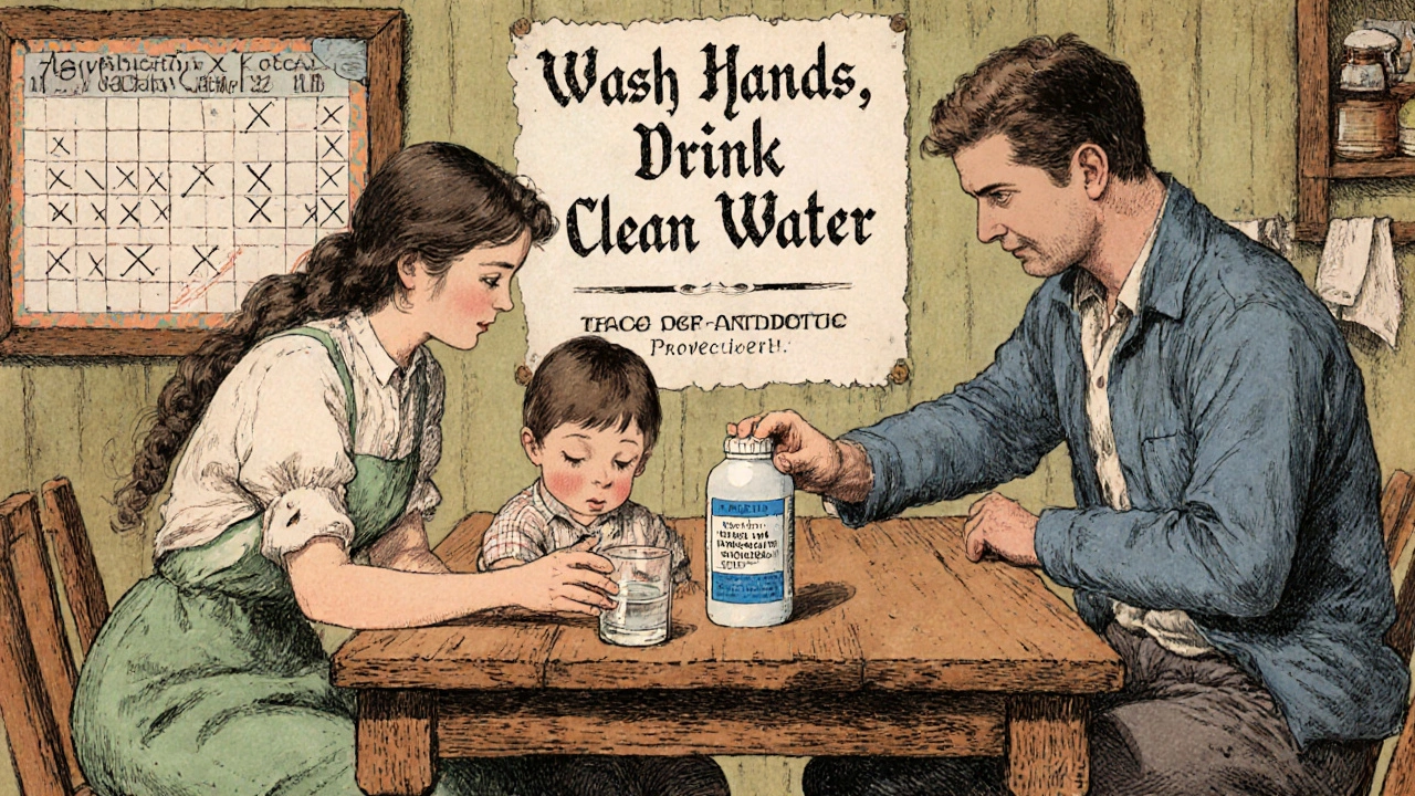 A family at a kitchen table, choosing hydration over antibiotics, with a handwashing poster in the background.