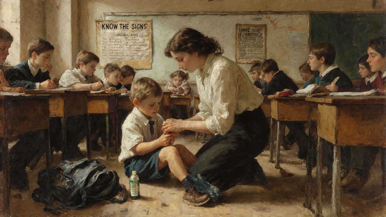 A family member helping a child use an epinephrine injector in a classroom, with others watching and antihistamine bottle on the floor.