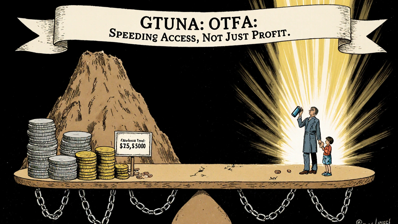A giant scale balances .7 trillion in savings against a small business&#039;s fee payment, with a child holding an inhaler in the light.