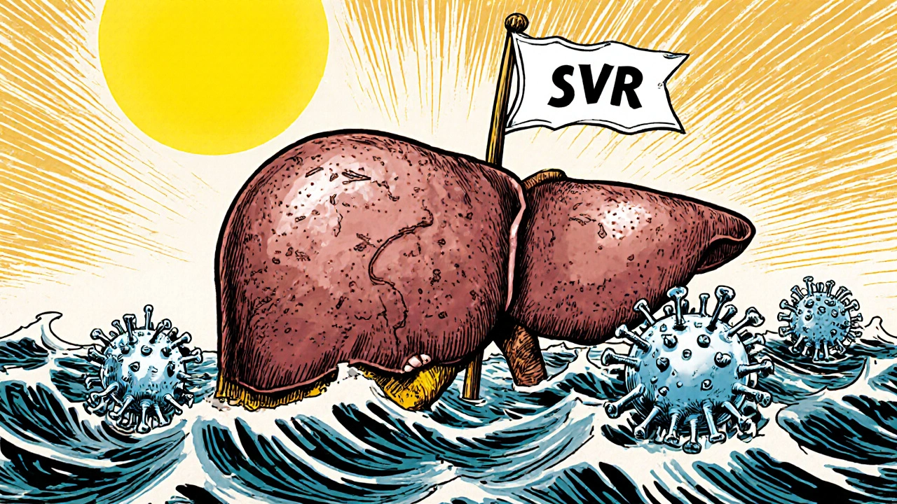 A healing liver ship sails calmly through a once-stormy sea, guided by precision antiviral tools.