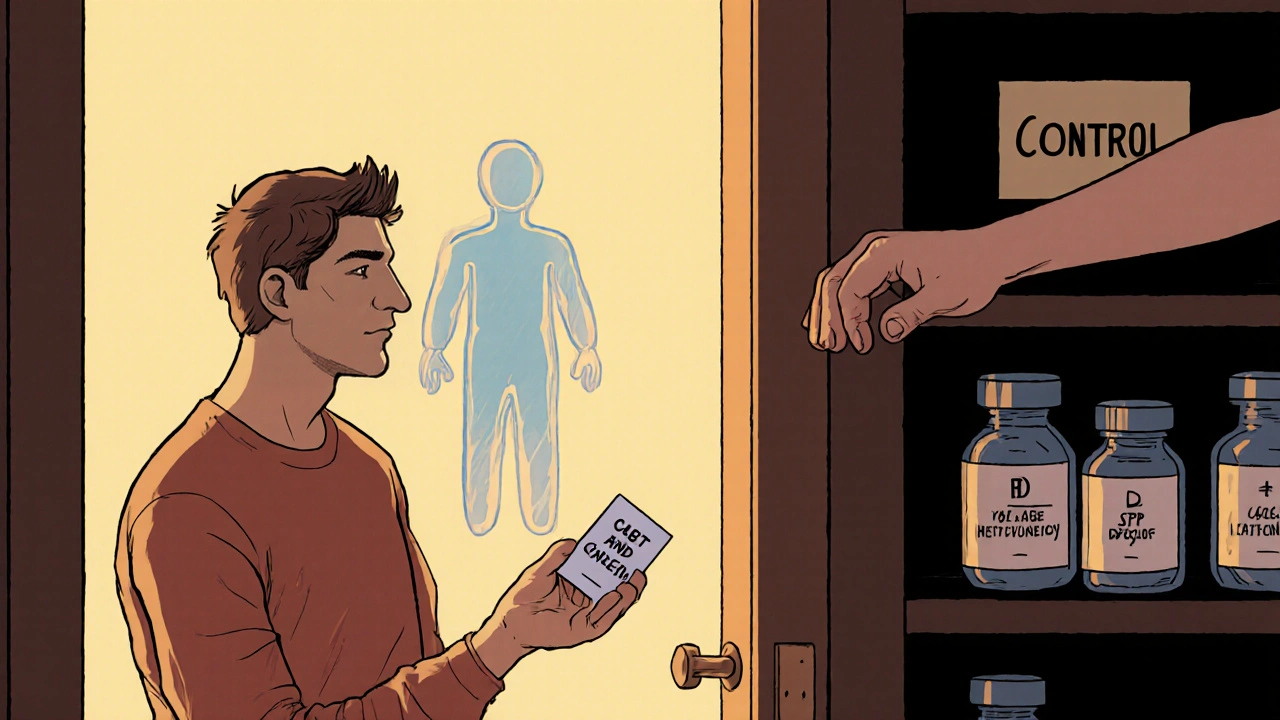 A man holding a calming card as his anxious self fades, guided toward control by medical and mental tools.