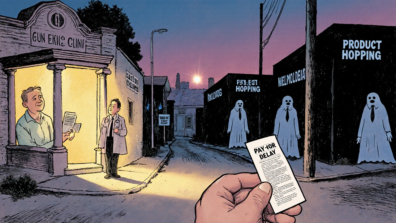 A patient stands at a crossroads, choosing between a bright clinic and shadowy pharmaceutical deception.