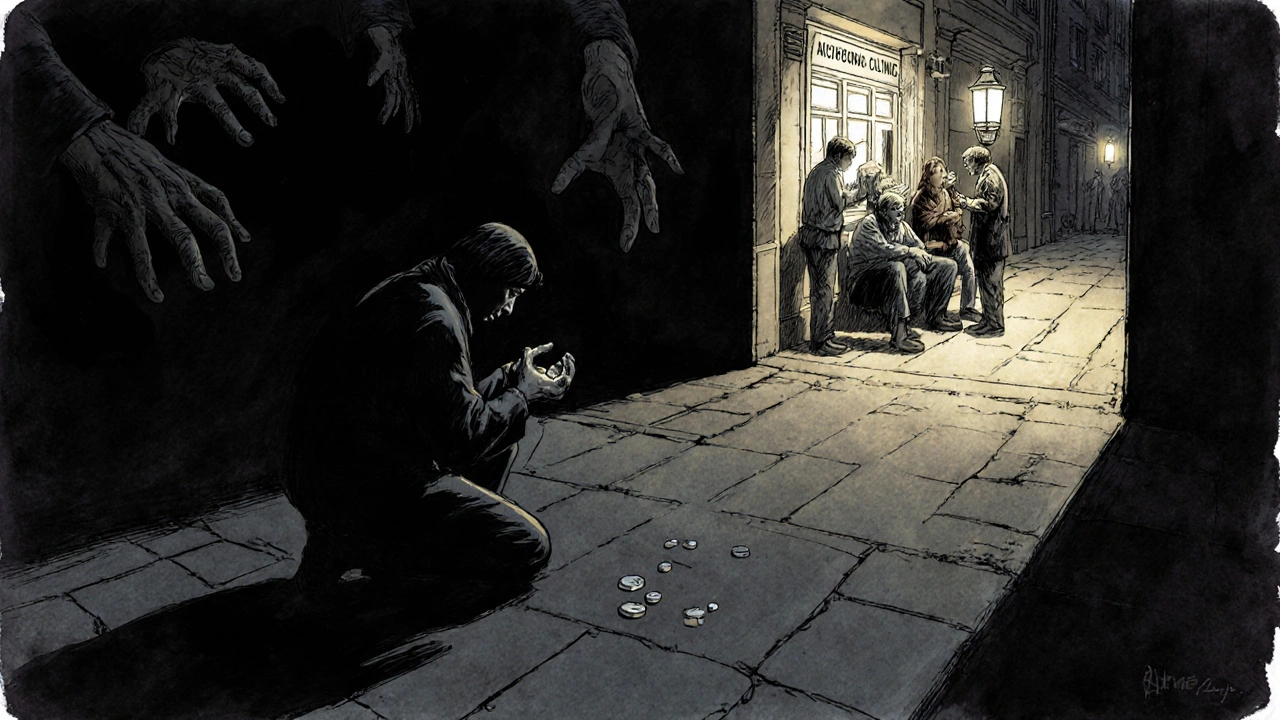 A person in despair reaches for a pill as shadowy forces loom, while a hopeful path leads to therapy and healing under gentle light.