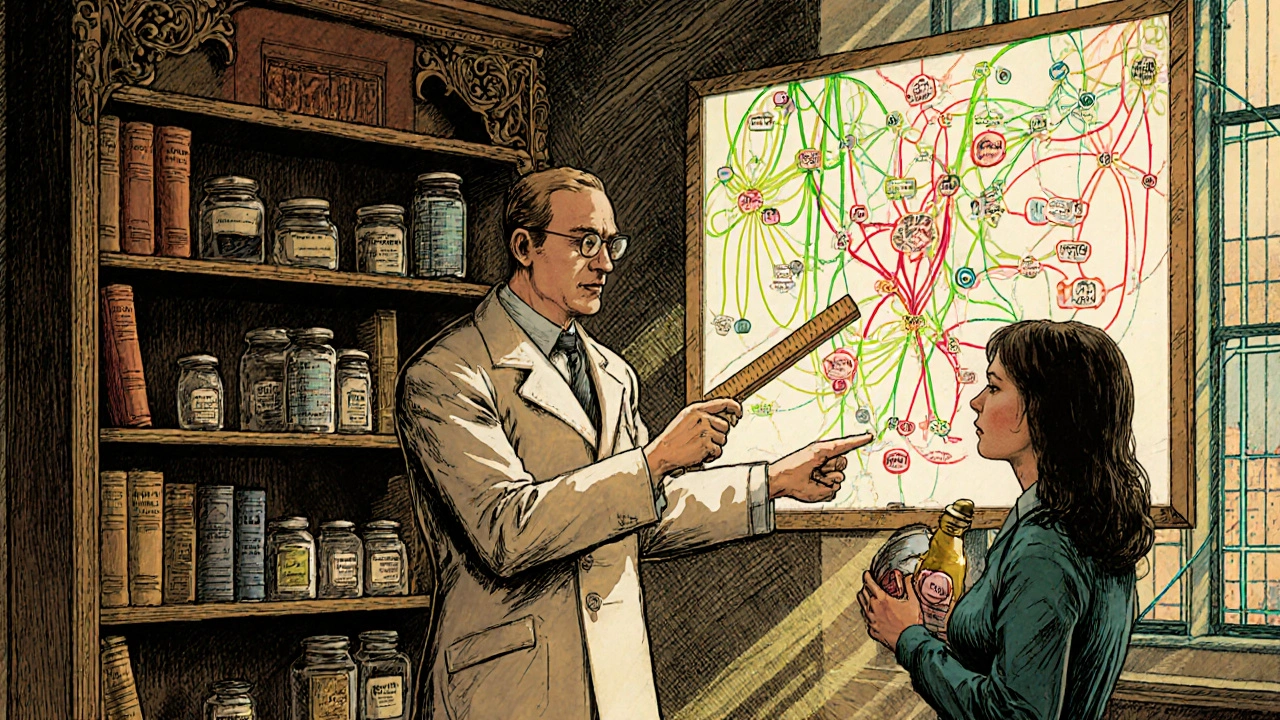 A pharmacist pointing to a wall chart of drug interactions, with patient listening beside shelves of medical supplies.