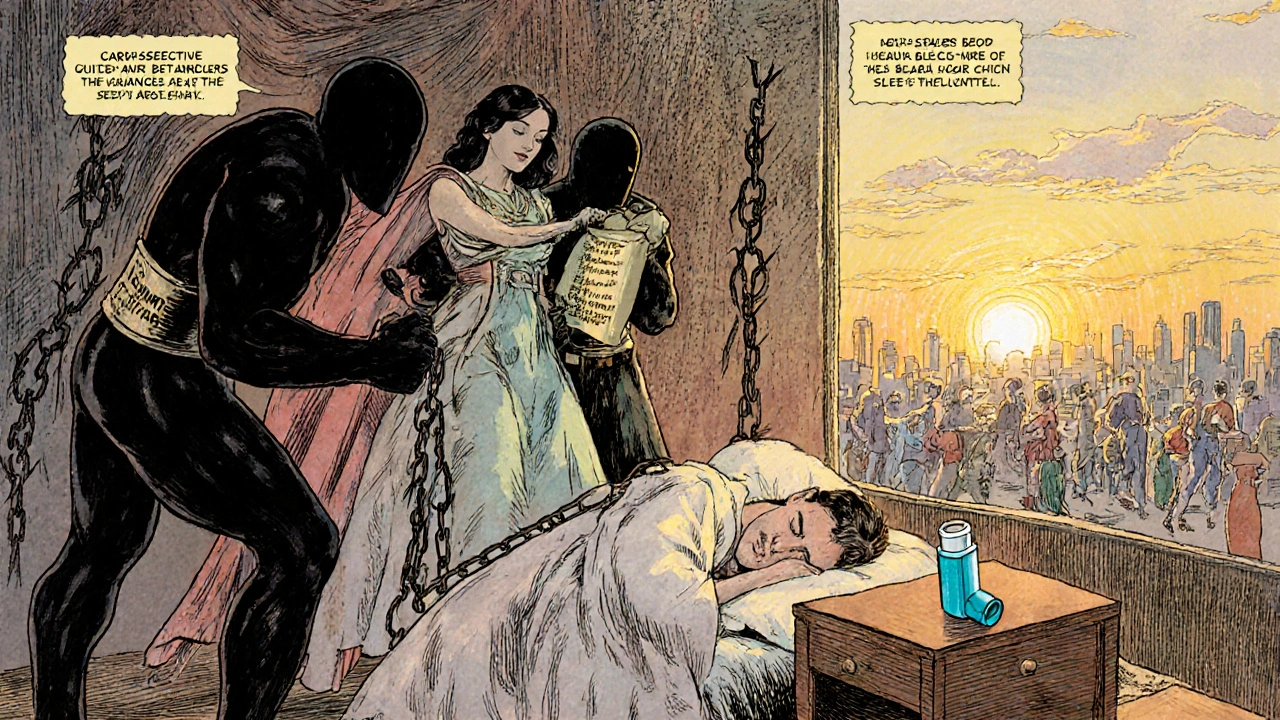 A protective figure shields an asthma patient from harmful drugs, while healthy lungs and sunrise symbolize safety.