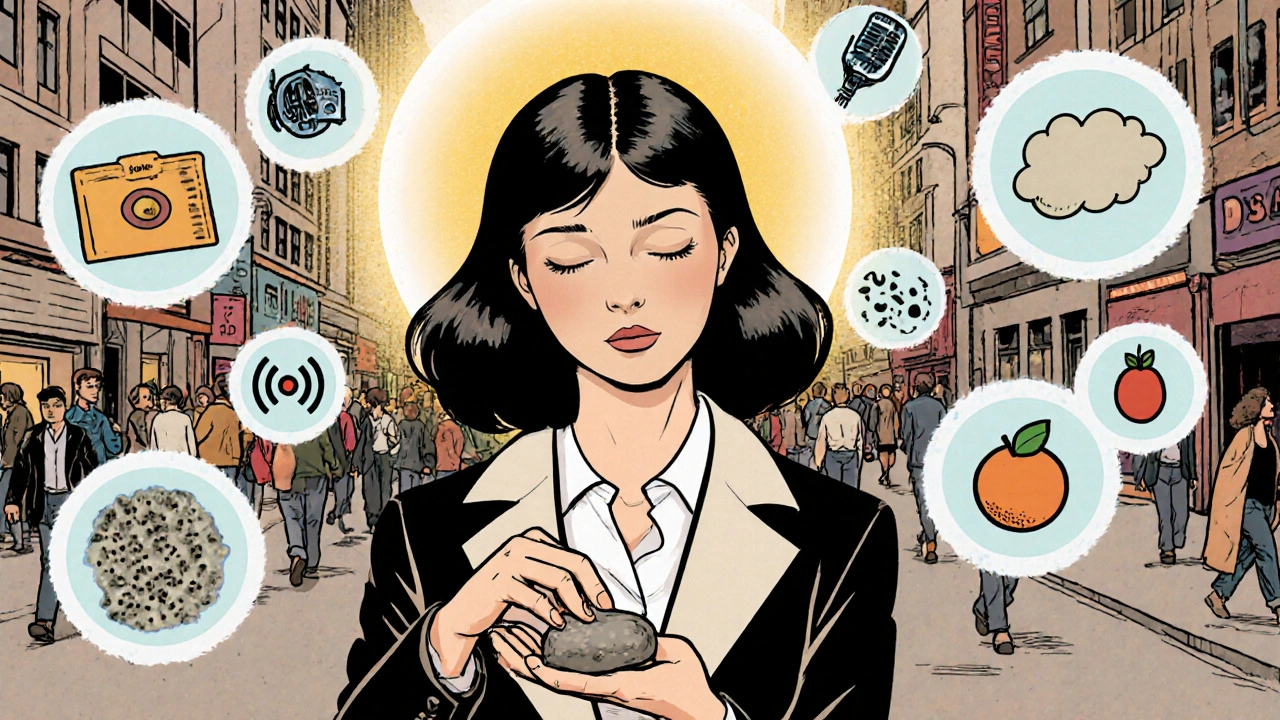 A woman grounding herself with a stone, surrounded by floating sensory icons in a busy street.