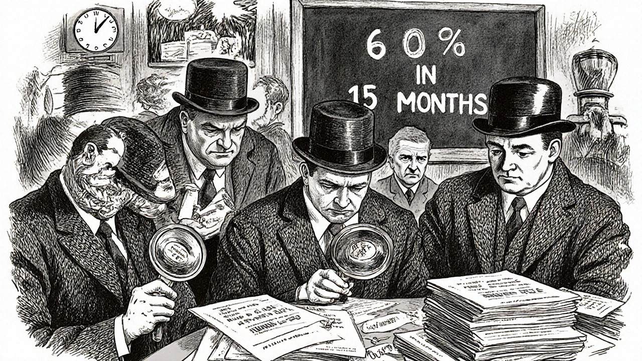 An early 20th-century FDA lab with inspectors examining generic pills, clerks filing fees, and a clock ticking toward approval.