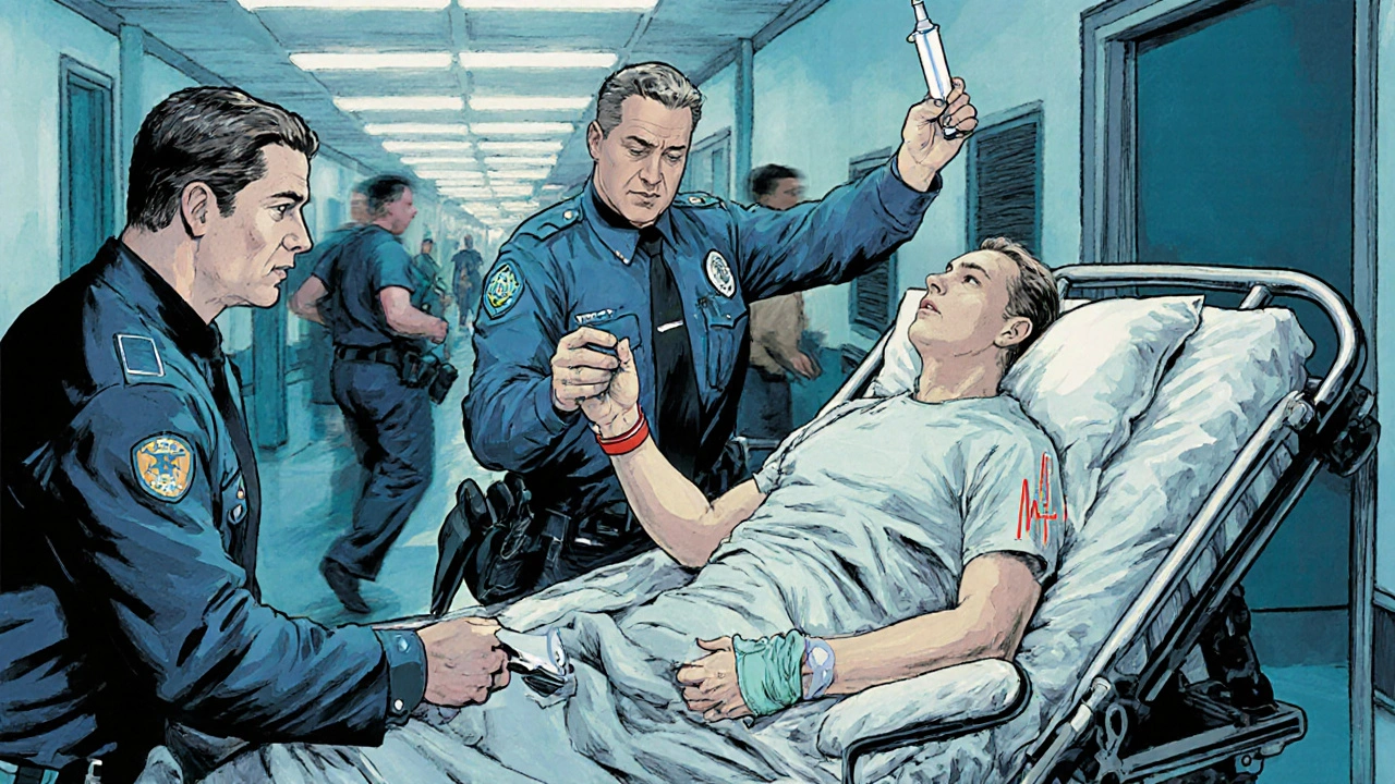 An emergency responder holding a used epinephrine injector beside a patient on a gurney in a hospital hallway.