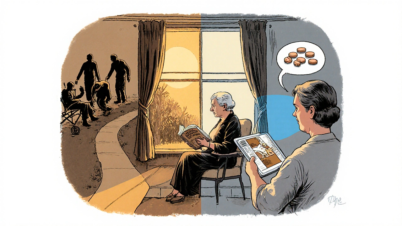 An older woman at a window, divided between risks of falls and safer treatment options in illustrated style.