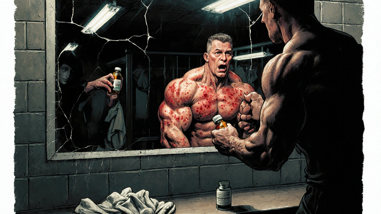 Bodybuilder shocked by steroid acne in gym locker room with steroid bottle nearby.