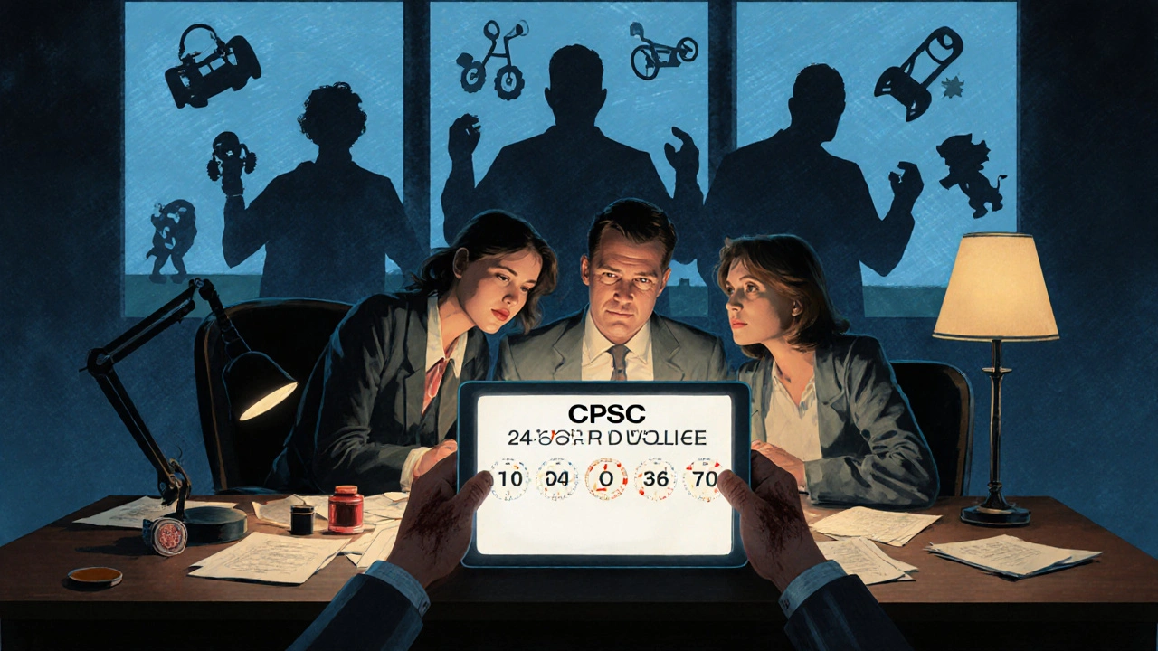 Compliance team racing against a 24-hour CPSC deadline surrounded by shadowy product hazards in a modern office.
