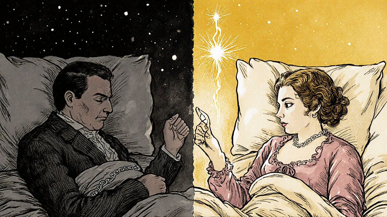 Couple in bed with dark chains of serotonin on one side, golden dopamine light connecting them on the other.