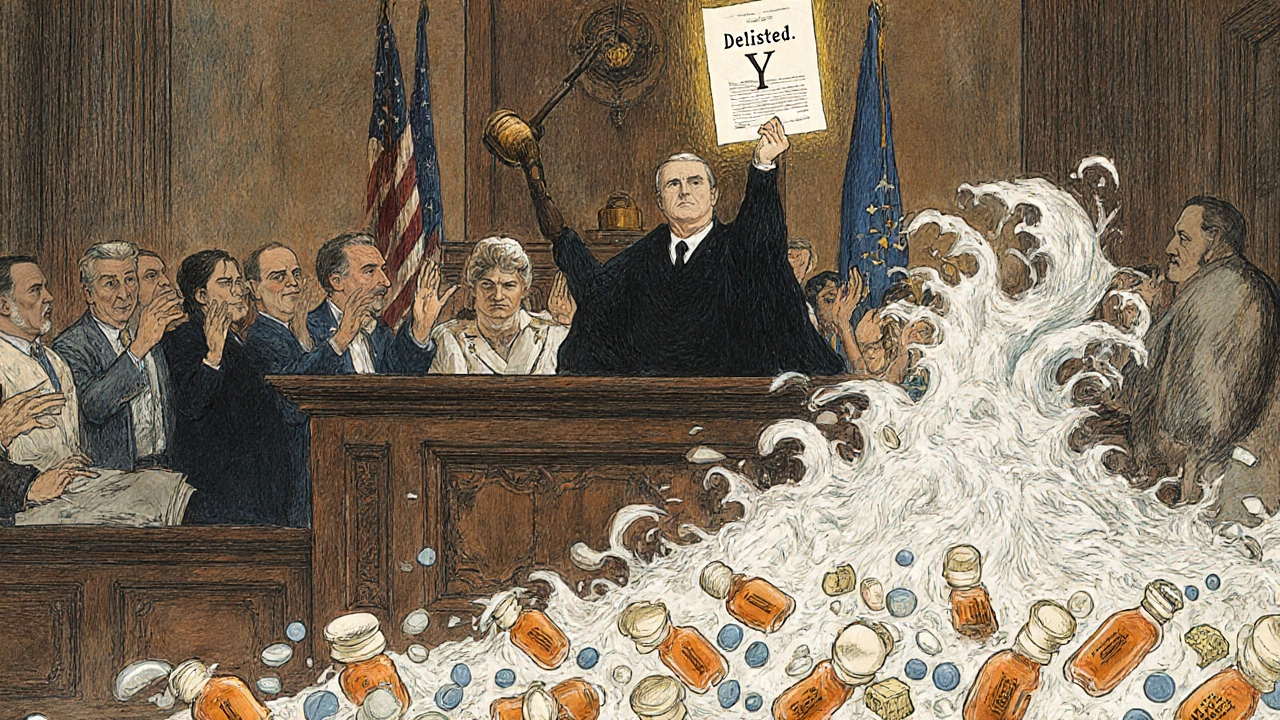 Courtroom scene with a delisted patent shown as generic pills flood the room, replacing branded drugs.