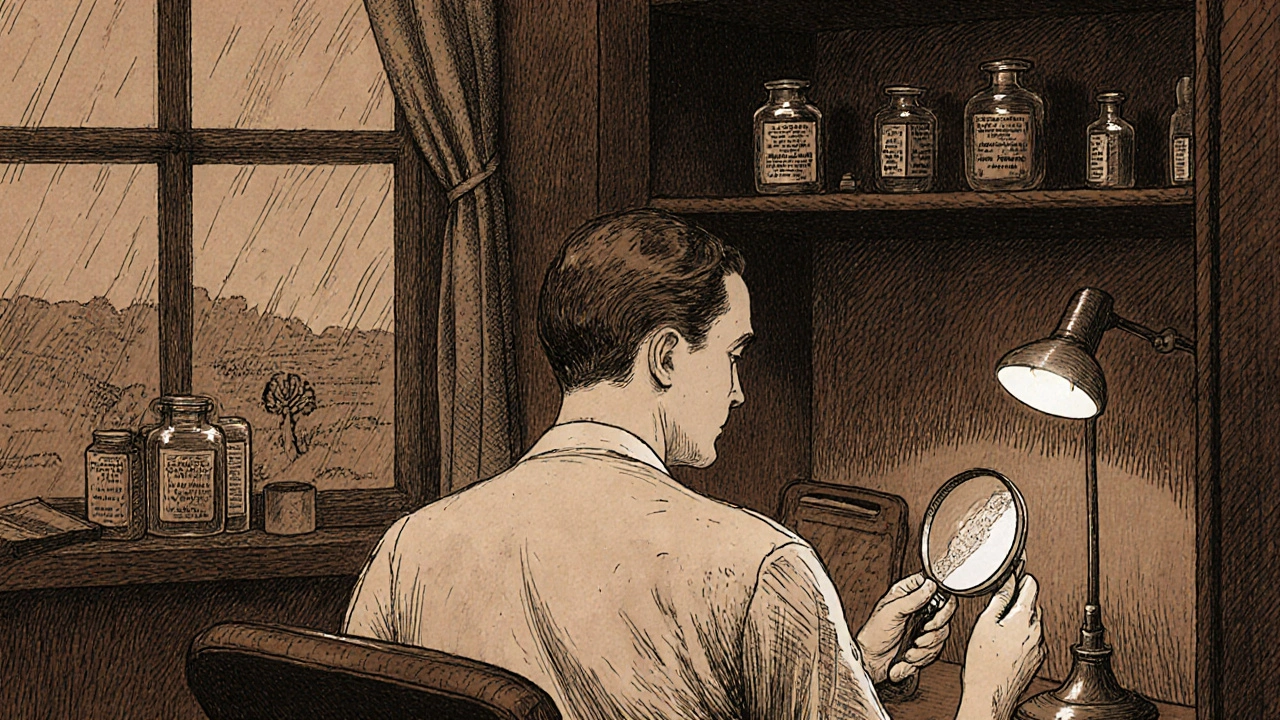 Dermatologist examining skin scraping under lamp in vintage office setting.