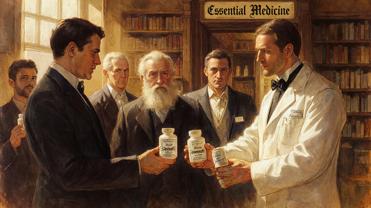 Diverse group of men in pharmacy holding generic vardenafil bottles, doctor watching approvingly in background.