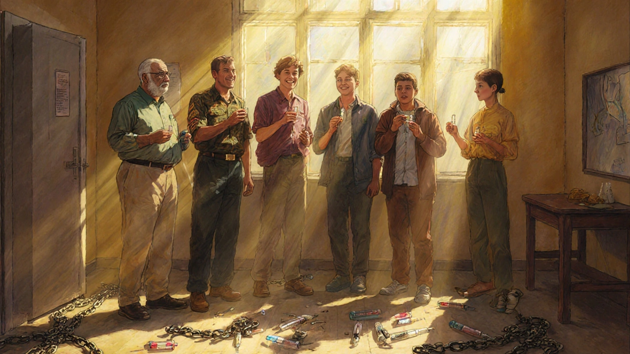 Diverse people smile in a clinic, holding pills, as broken medical chains lie discarded behind them.