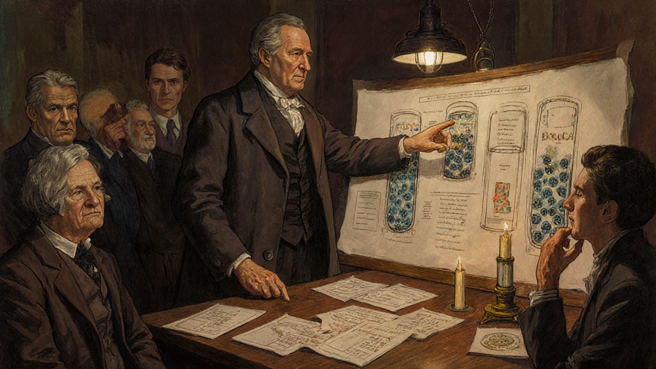 Doctor explaining biosimilar science to patients using a hand-drawn cell diagram in a vintage medical office.