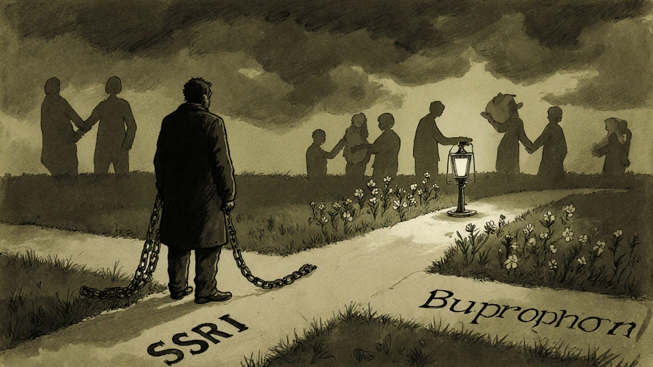 Figure at a crossroads choosing between antidepressant paths, one burdened, one illuminated by hope.
