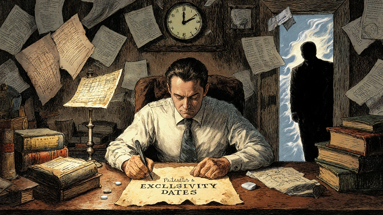 Generic drug maker studying patent expiration documents at a wooden desk with a clock near midnight.