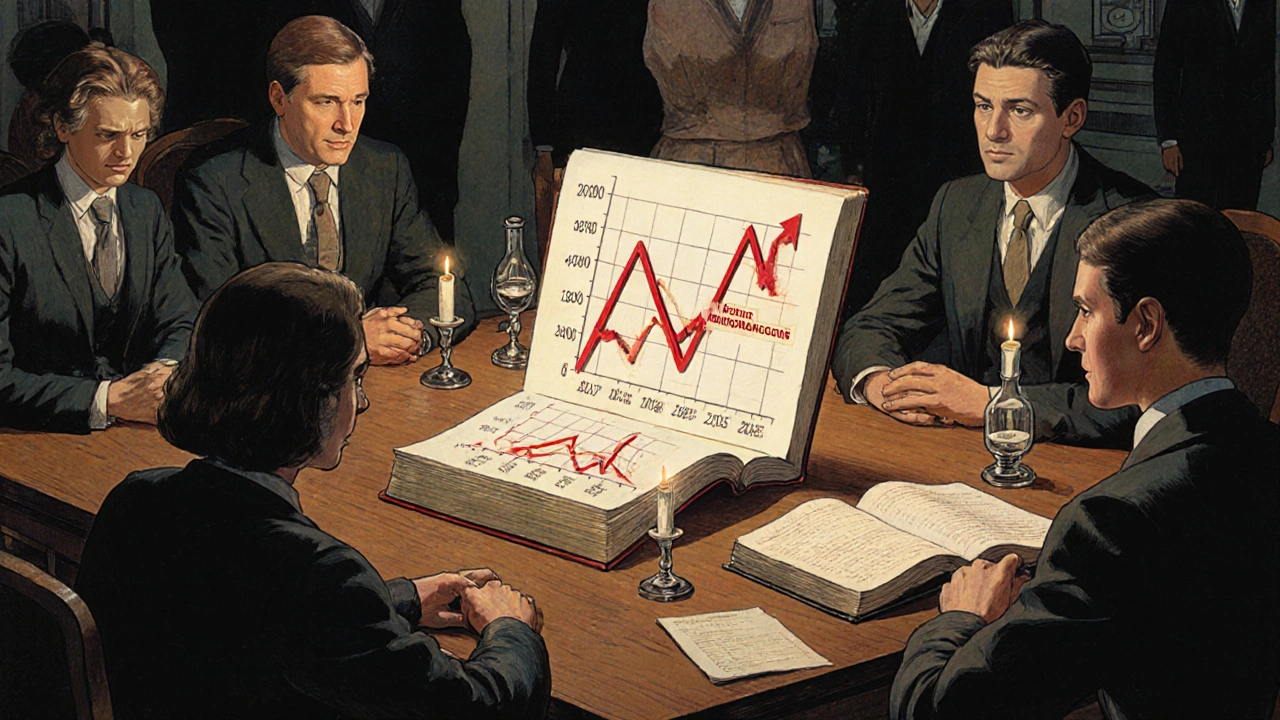 Group of people watching a rising chart of drug side effects on a wooden table, shadows of pharmaceutical figures fading behind them.