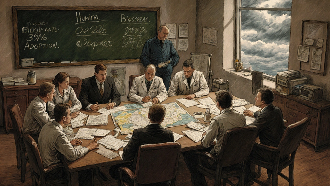 Healthcare team in a war room studies patent expiry data on maps and ledgers under dramatic lighting.