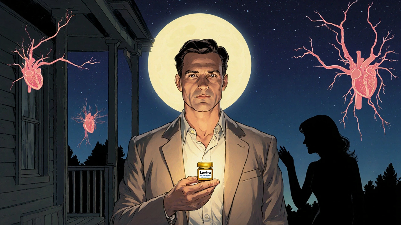 Man on moonlit porch holding Levitra tablet, golden glow illuminating him and a woman reaching out nearby.