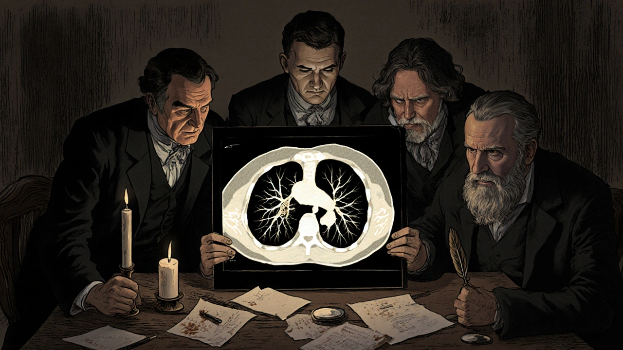 Medical team examining a glowing CT scan of scarred lungs, lit by candlelight, surrounded by old-world tools and documents.