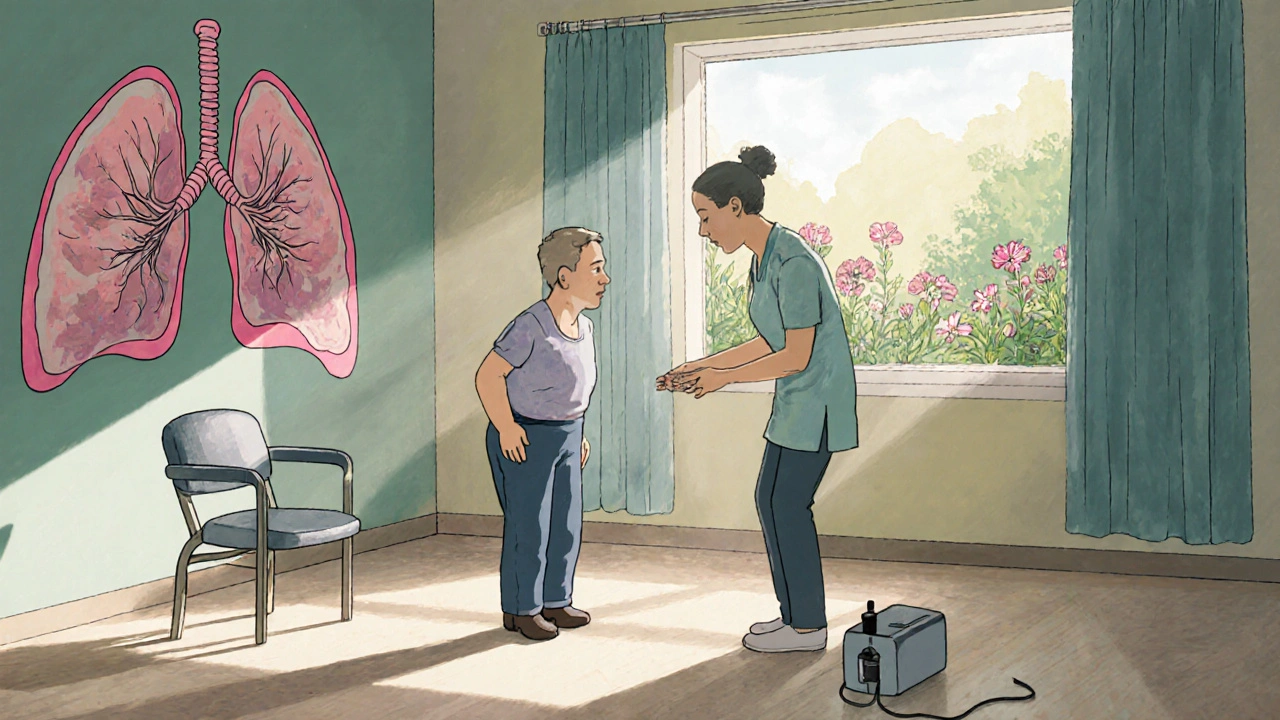 Patient doing breathing exercises in rehab, with healthy vs. scarred lungs depicted in a mural, oxygen device nearby in a sunlit room.