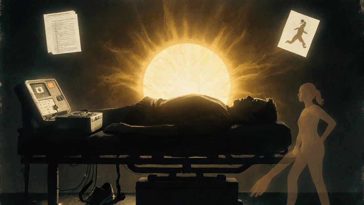 Patient receiving ECT with golden light emerging from their mind, surrounded by symbols of therapy and support.