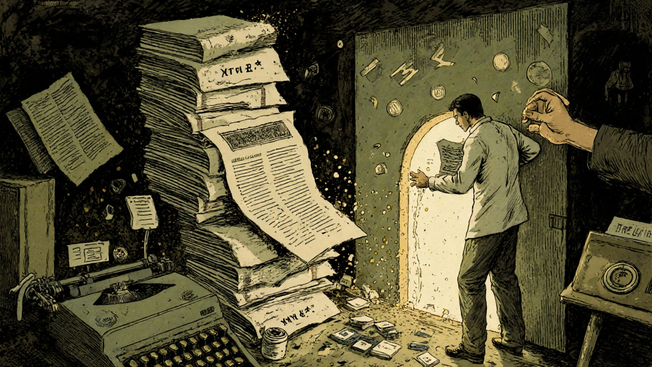Scientist bridging old paper reports and modern digital data in a dim FDA archive filled with dust and glowing portals.