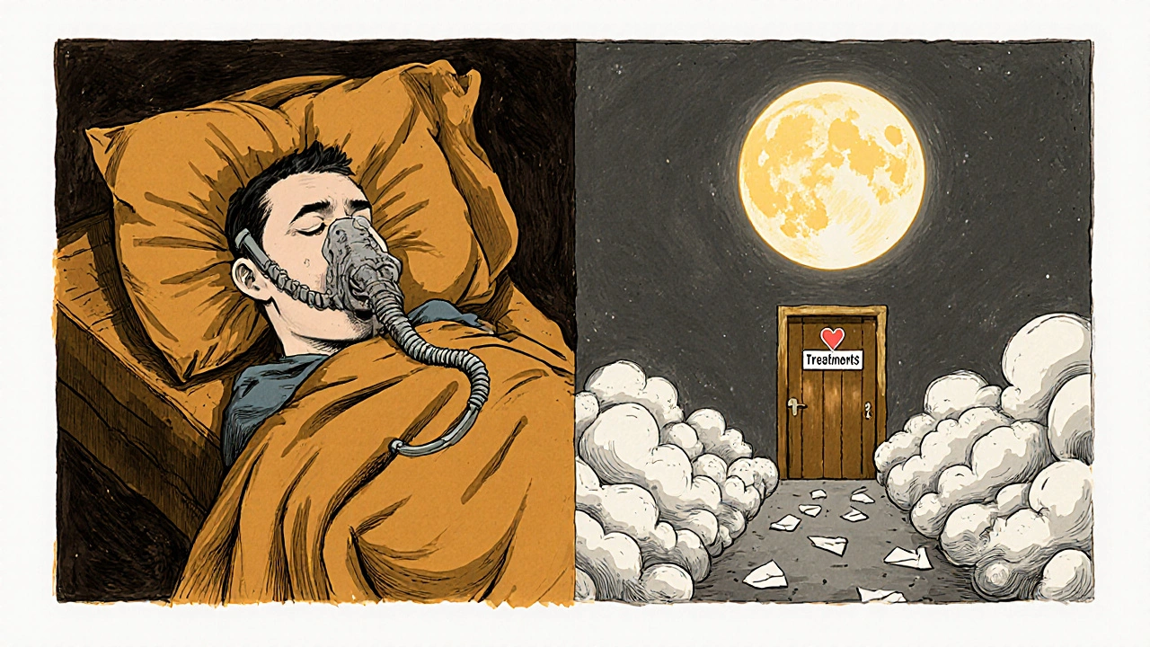 Split scene: one man struggling with CPAP, another sleeping peacefully, with a path of snoring clouds leading to a treatments door.