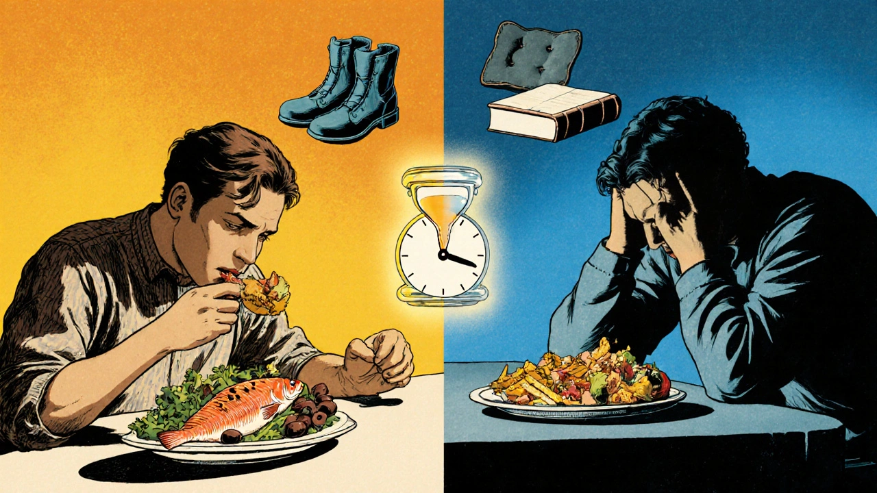 Split scene: one side shows healthy food and light, the other junk food and shadows, with wellness tools floating between.