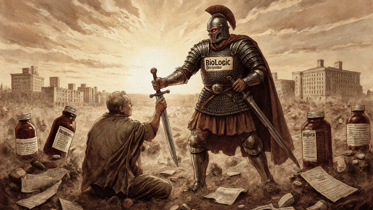 Warrior handing a biosimilar sword to a patient, symbolizing affordable treatment amid crumbling patent documents.