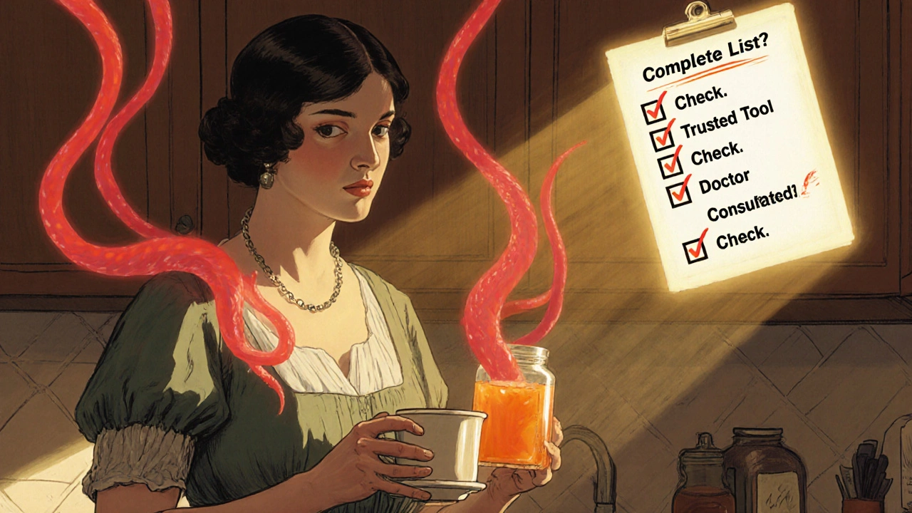 Woman holding grapefruit juice and pills as red warning symbols rise, with a glowing safety checklist in the background.