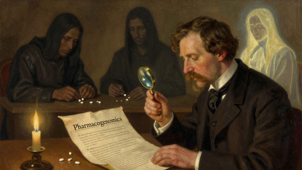 A doctor examining a genetic parchment with three figures representing different drug metabolism types under soft candlelight.