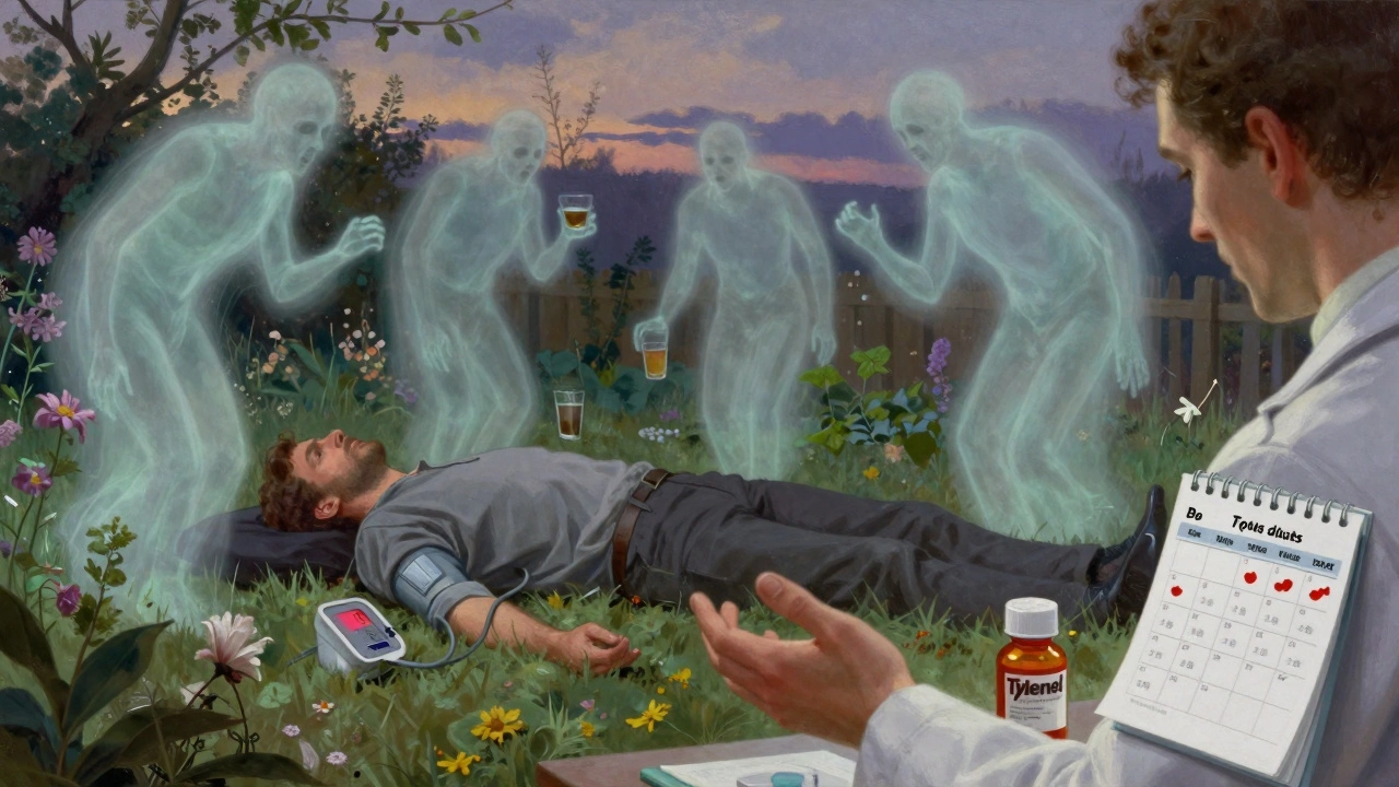 A man collapsing in his garden as dangerous drug spirits swirl around him, with a pharmacist offering Tylenol and a test calendar.