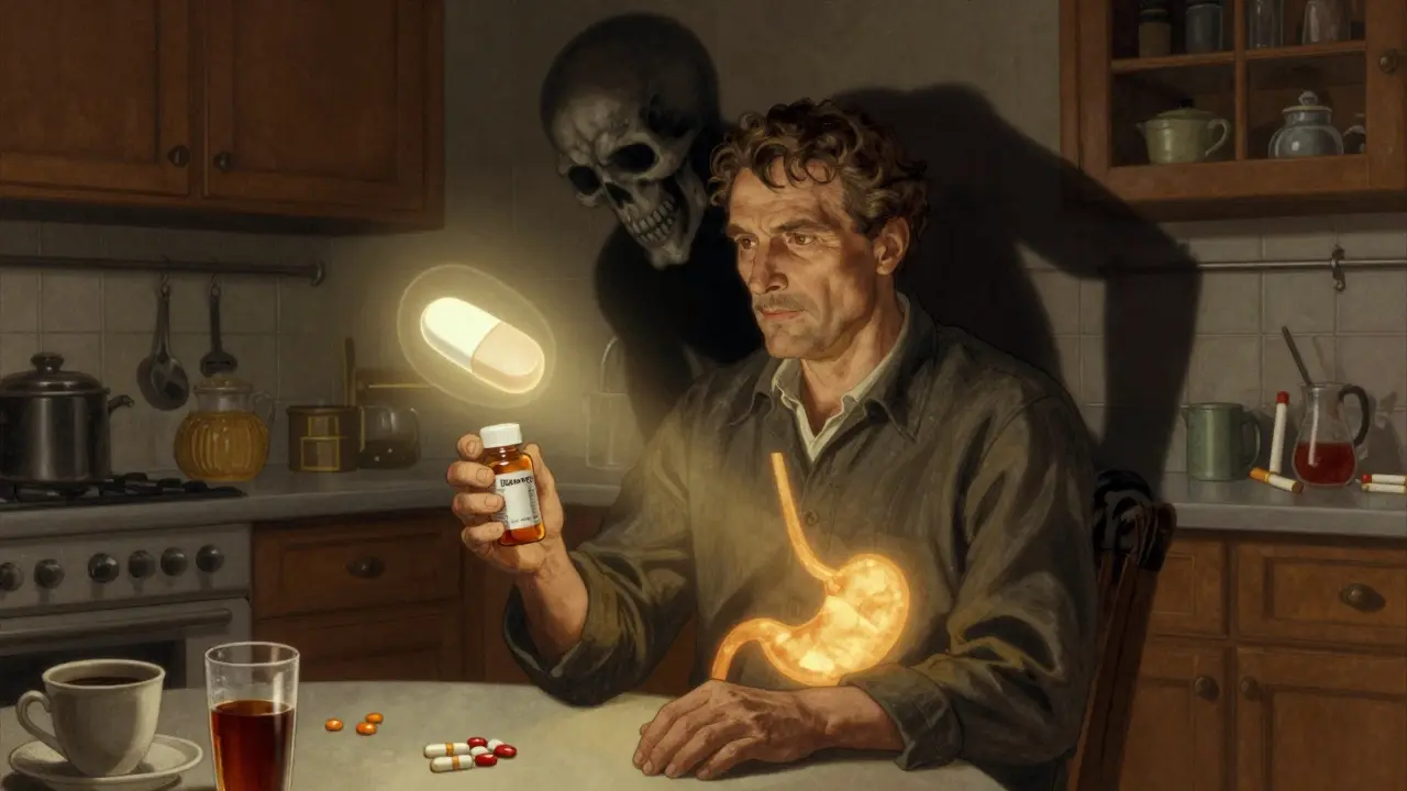 A man holds ibuprofen while an ulcer shadow looms, protected by a glowing pill casting light over his stomach.