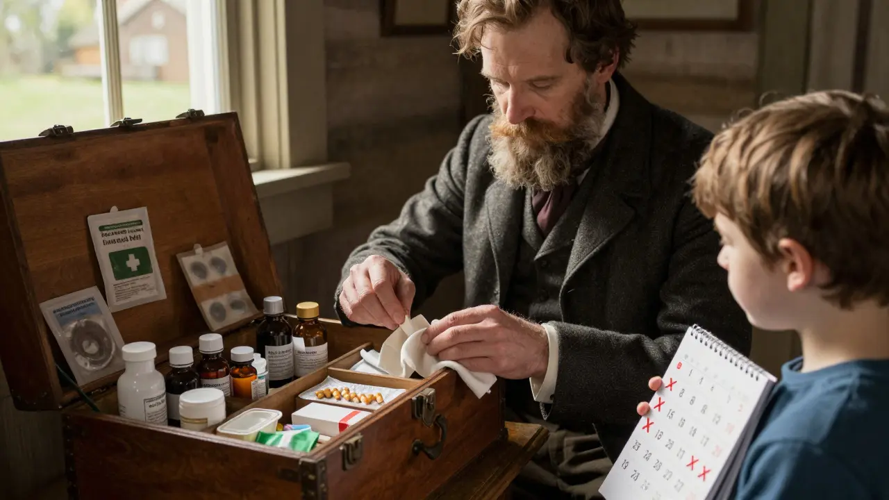 A man inspects and organizes a first-aid kit, discarding expired items while a child watches.