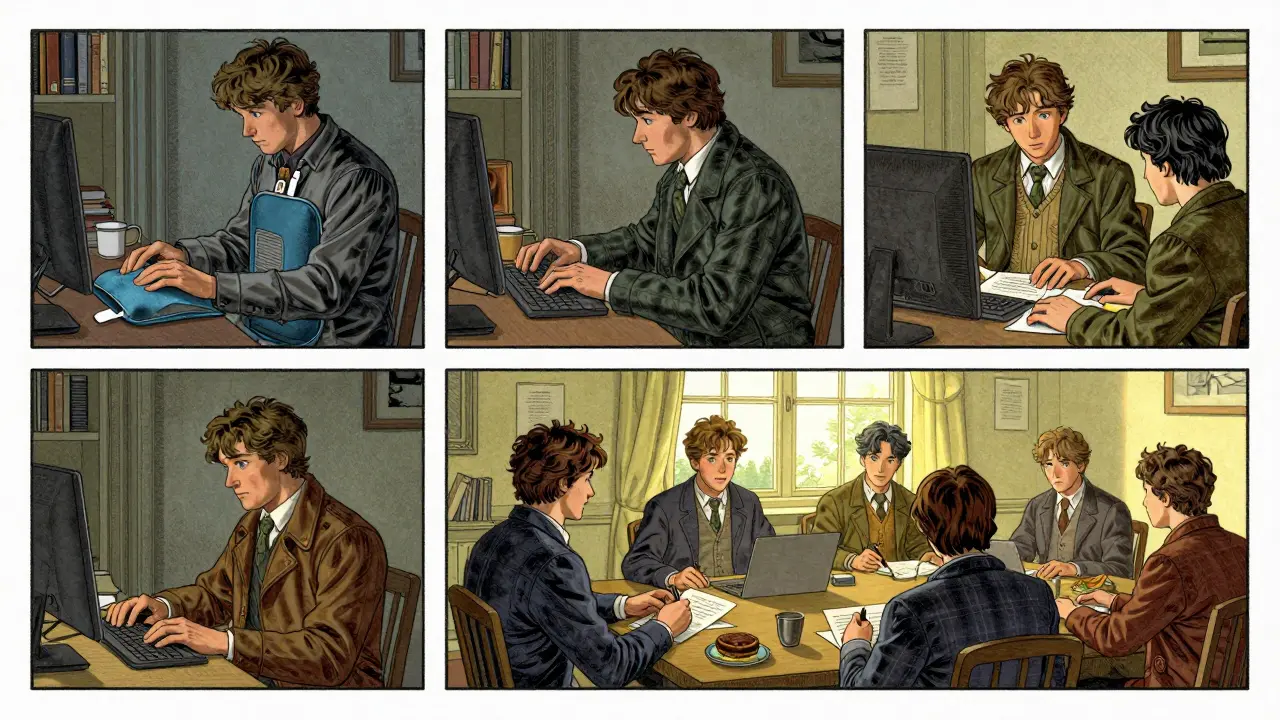 A person's journey from home work to full office reintegration, shown in three progressive scenes.