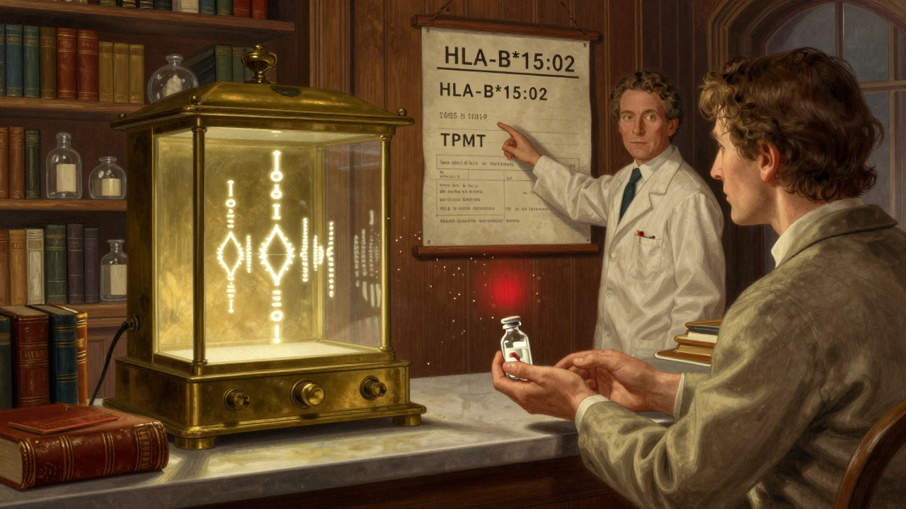 A pharmacist and patient at a vintage pharmacy counter with a glowing genetic chart showing high-risk gene variants.