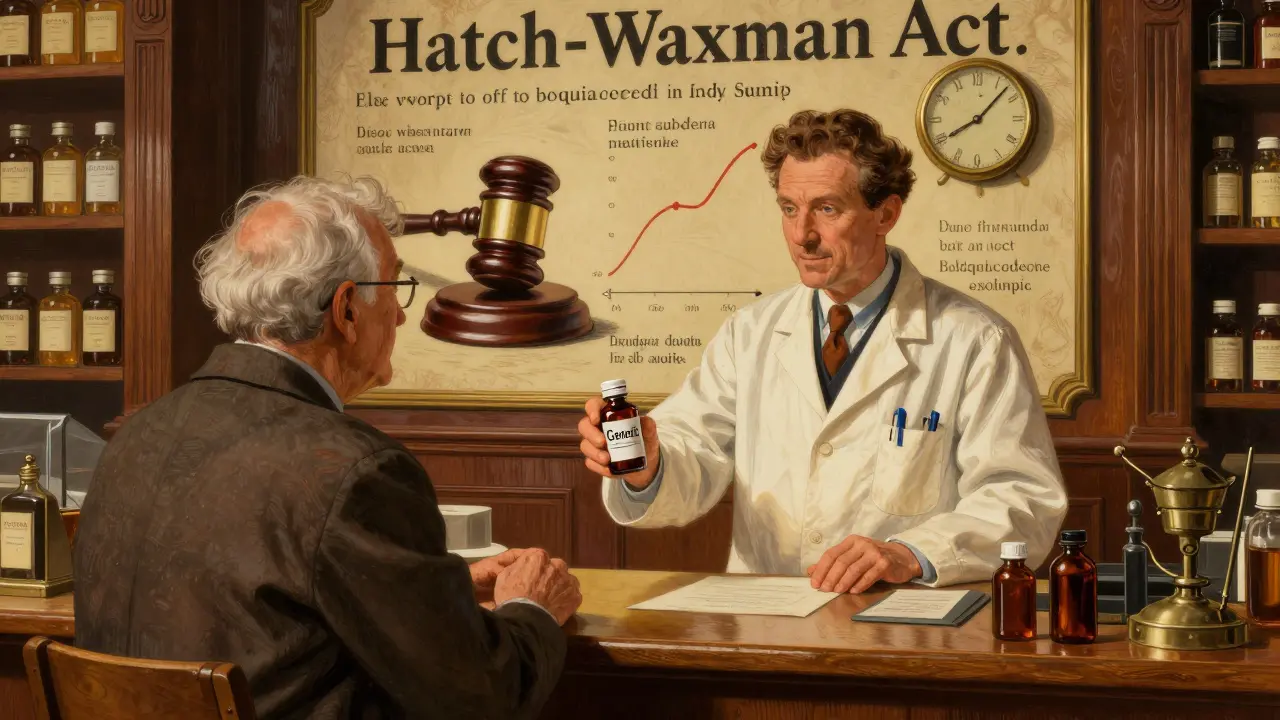 A pharmacist hands a generic medication to an elderly patient, with a mural showing Hatch-Waxman’s key elements on the wall.