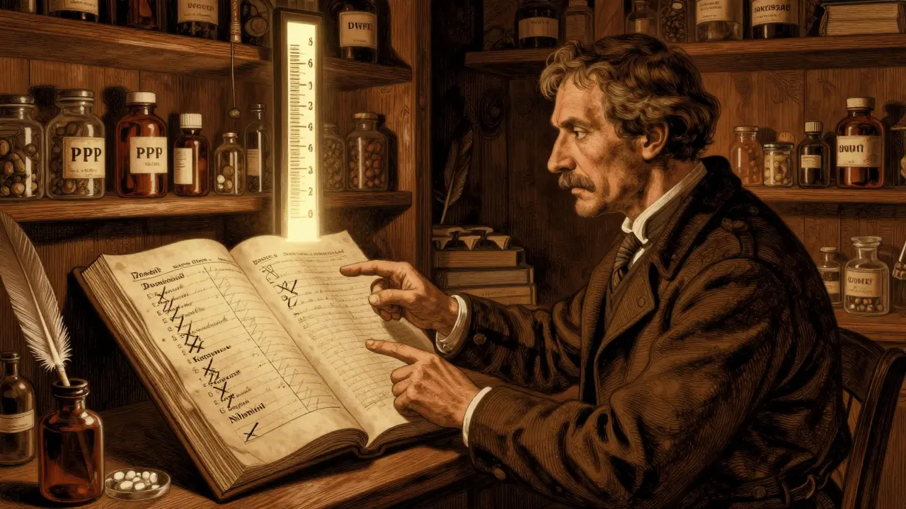 A pharmacist in an old-fashioned apothecary warning of dangerous drug interactions on a medical ledger.