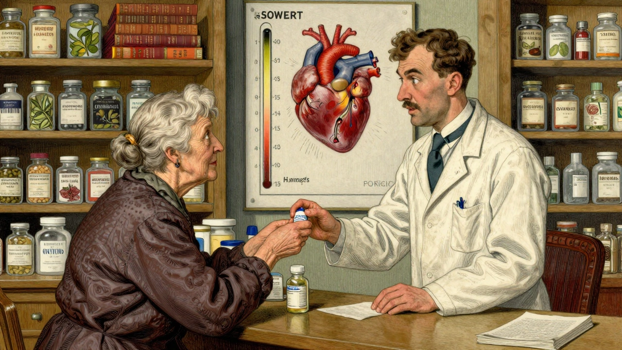 A pharmacist stopping an elderly woman from taking a potassium salt substitute at a cluttered pharmacy counter.