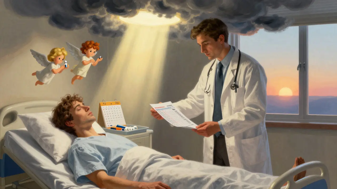 A physician lowers a steroid dosage chart as light breaks through, symbolizing recovery and hope.