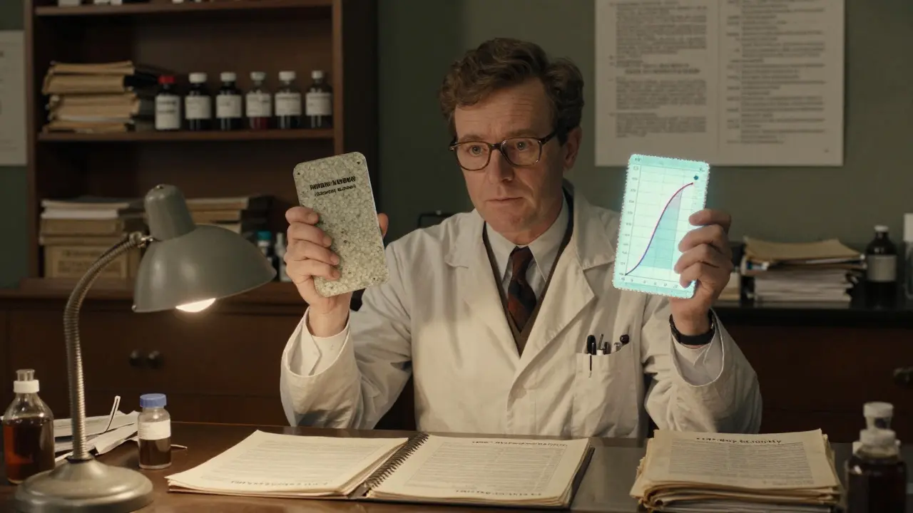 A scientist compares brand and generic drugs with a bioequivalence graph, surrounded by legal documents and lab equipment.