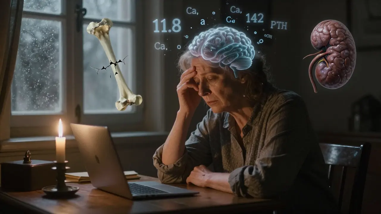 A woman with brain fog surrounded by floating high calcium and PTH numbers, a cracked bone and kidney stone floating nearby.